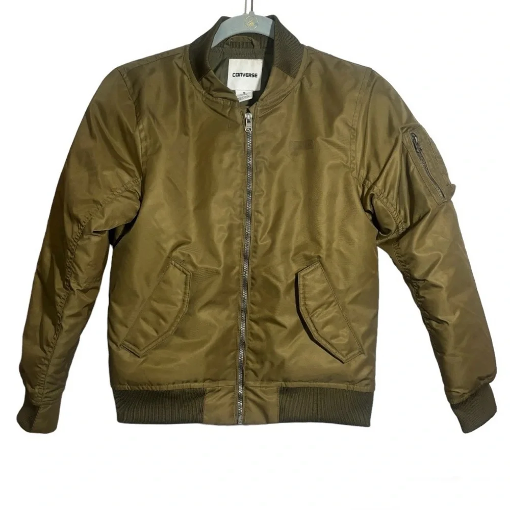 Converse Quilted Bomber Coat Zip Front Army Green Long Sleeve Boys Size Medium